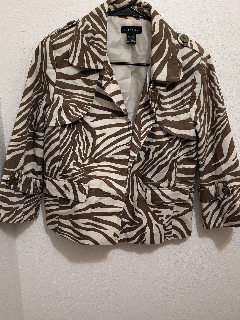 Rafaella VTG Brown & Cream Zebra-Print Cropped Utility Frontal Pocket Jacket L
